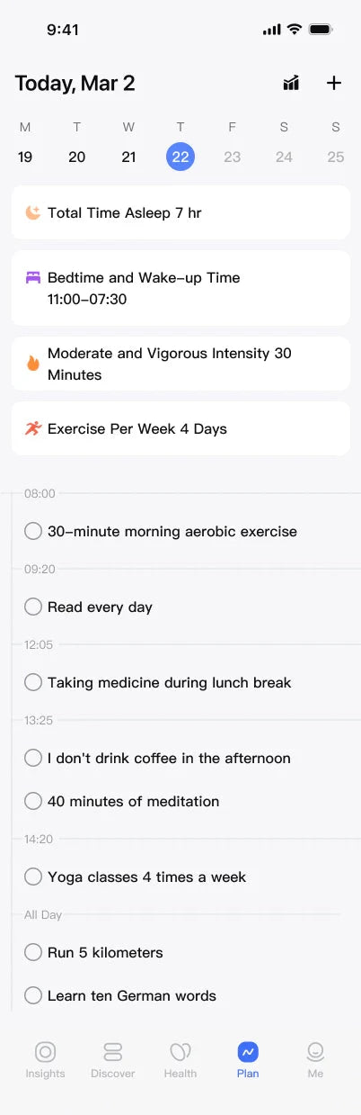Halo app Plan screen: a week calendar, daily sleep and exercise goals, and a timed checklist of healthy habits